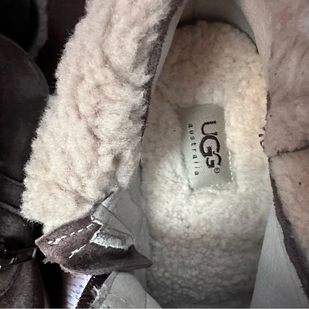 UGG Brown Sandra Leather and Shearling Wedge Knee-High Boots, Sz 9 - Picture 9 of 13